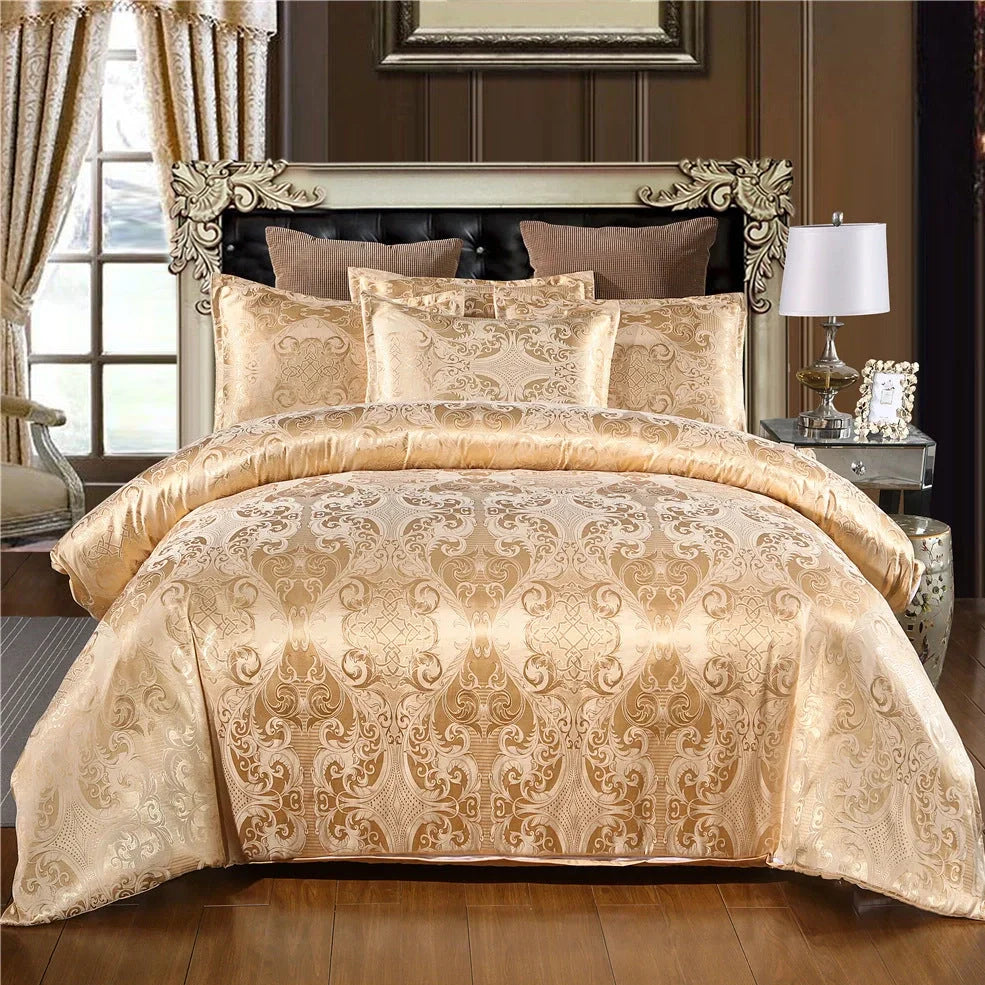Polyester bedding set with Jacquard weave pattern in multiple colour options showing quilt cover and pillowcases