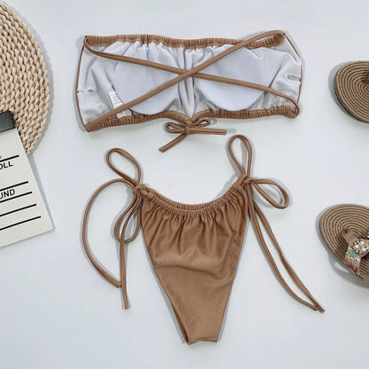 Nylon beach bikini in Caramel and Apricot colors, adjustable for A-D cup sizes