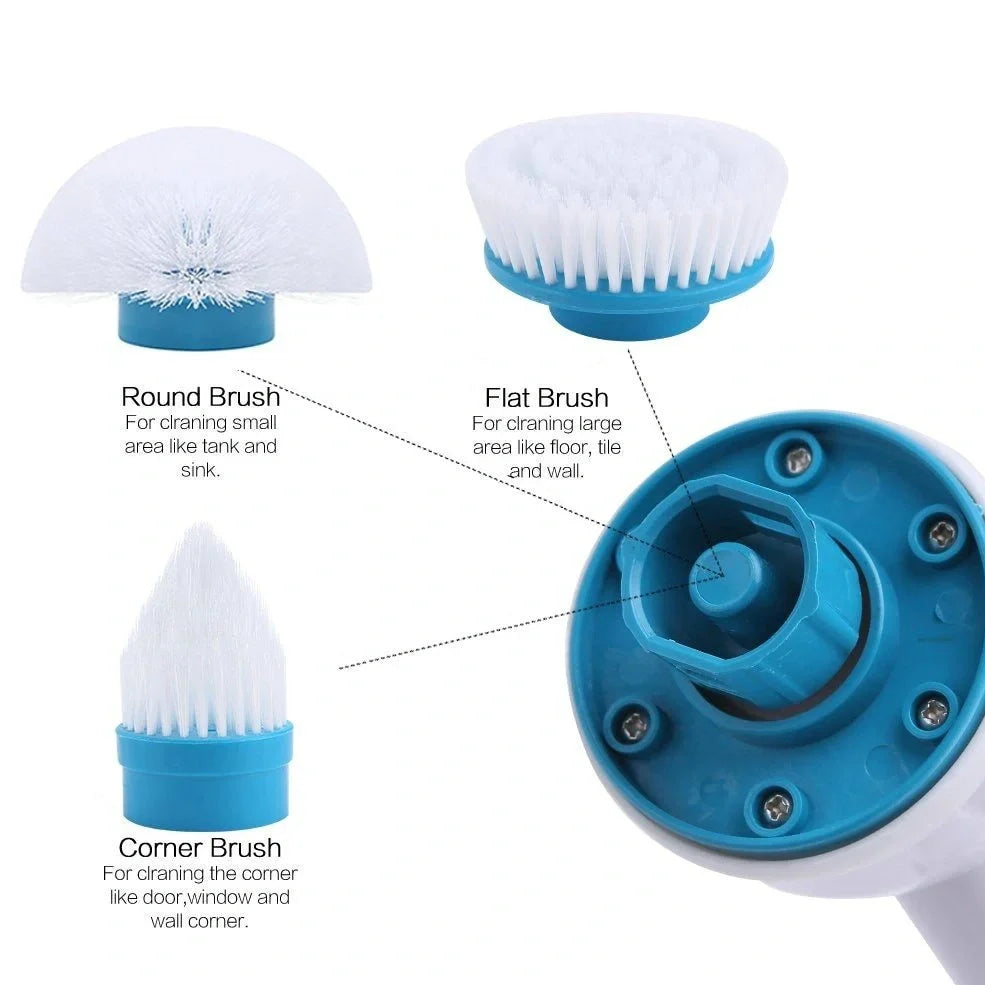 Blue rechargeable electric cleaning brush with retractable extension rod and three interchangeable brush heads