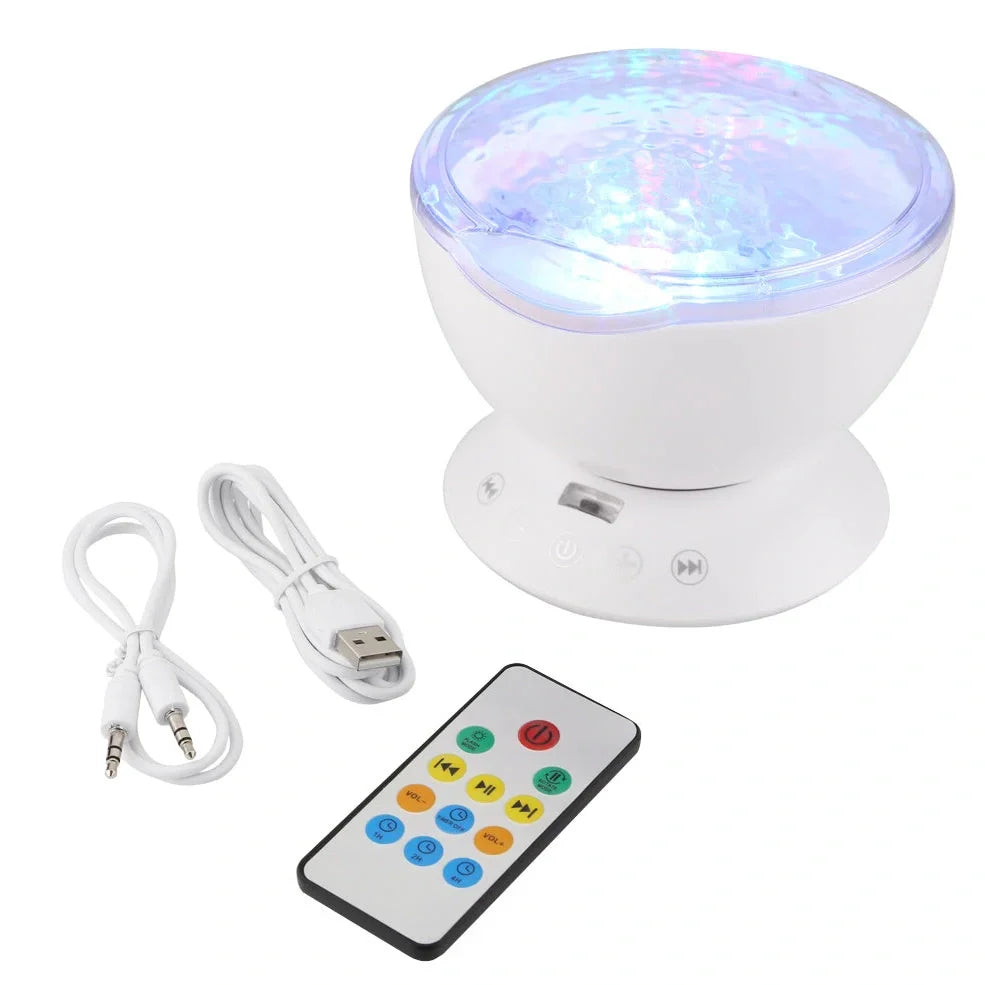 Ocean Wave Projector measuring 12.6x10.5cm with remote control projecting colourful waves on ceiling