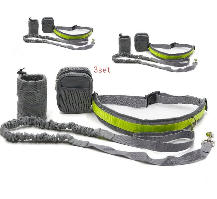 Adjustable hands-free dog leash set in gray, black, green, or red with waist and sundries bags