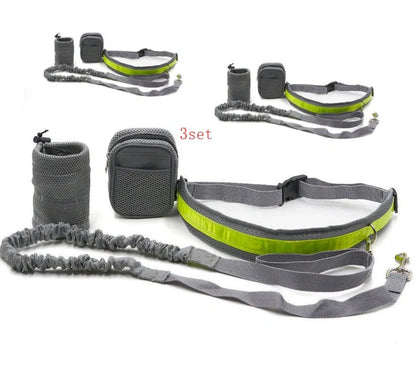 Adjustable hands-free dog leash set in gray, black, green, or red with waist and sundries bags