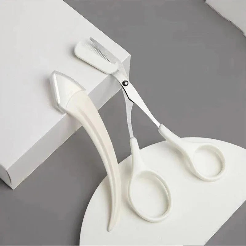White or pink eyebrow trimming knife with curved comb for eyebrow shaping and hair removal