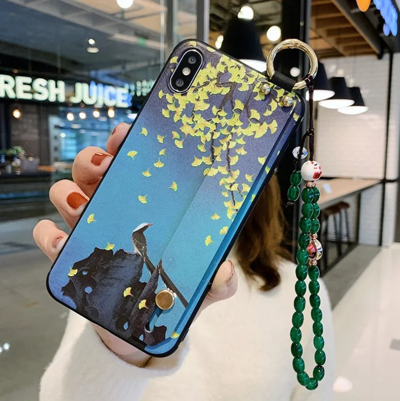Rose flower printed iPhone case with wrist strap loop, compatible with iPhone 7 to 11 Pro Max models