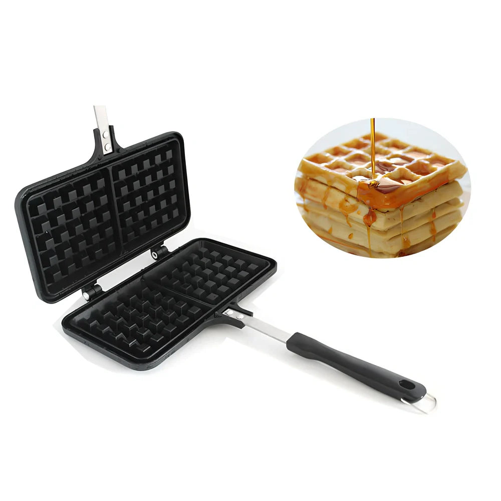 Black non-stick aluminium waffle mold 22x12x23cm with plaid pattern plates and locking handle for gas stove use