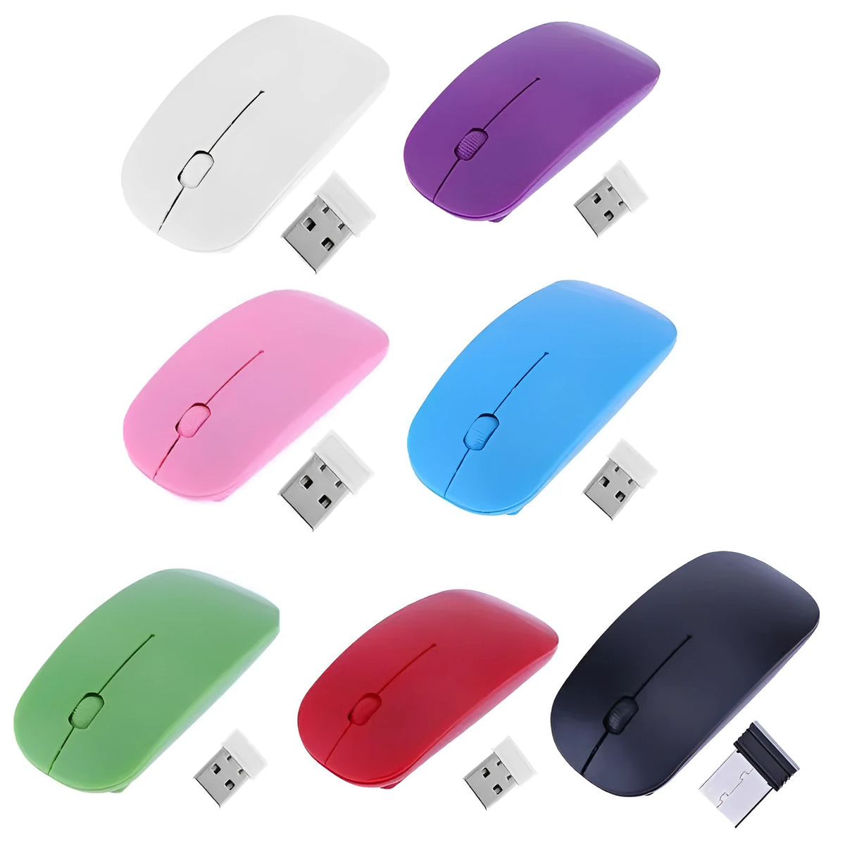 Thin wireless mouse in black, blue, green, pink, purple, red or white, with 10m range and adjustable dpi.