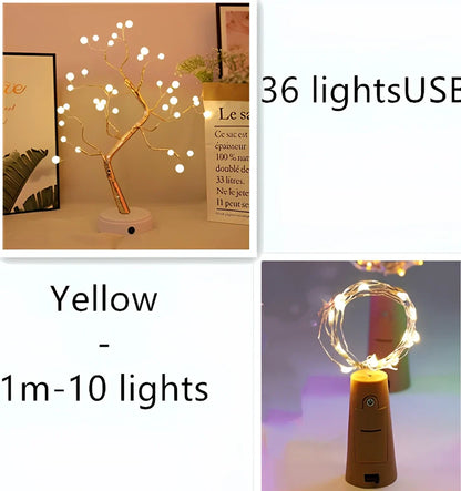 Copper wire LED string lights wrapped around wine bottle with 20 white LEDs illuminated