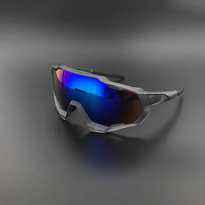 Cycling glasses with interchangeable lenses showing UV400 protection and lightweight frame design