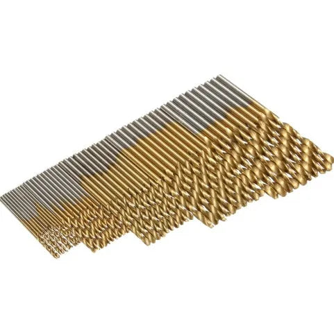 50-piece titanium-coated HSS steel high-speed drill bit set for hand tools, comprising twist drills with a durable coating suitable for woodworking, metalworking, and general DIY projects, offering a comprehensive range of sizes for diverse applications.