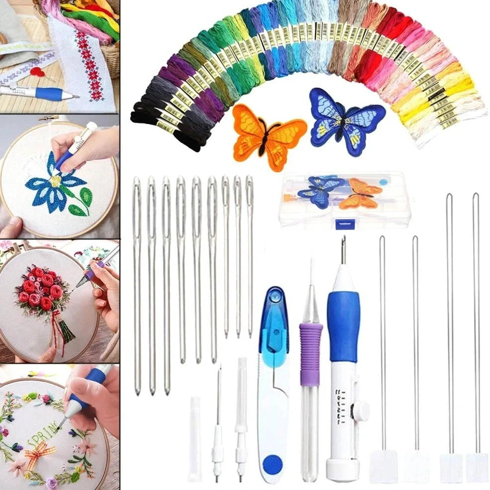DIY embroidery set box with 50 coloured polyester threads on bobbins, 250g total weight, including butterfly pattern model 177