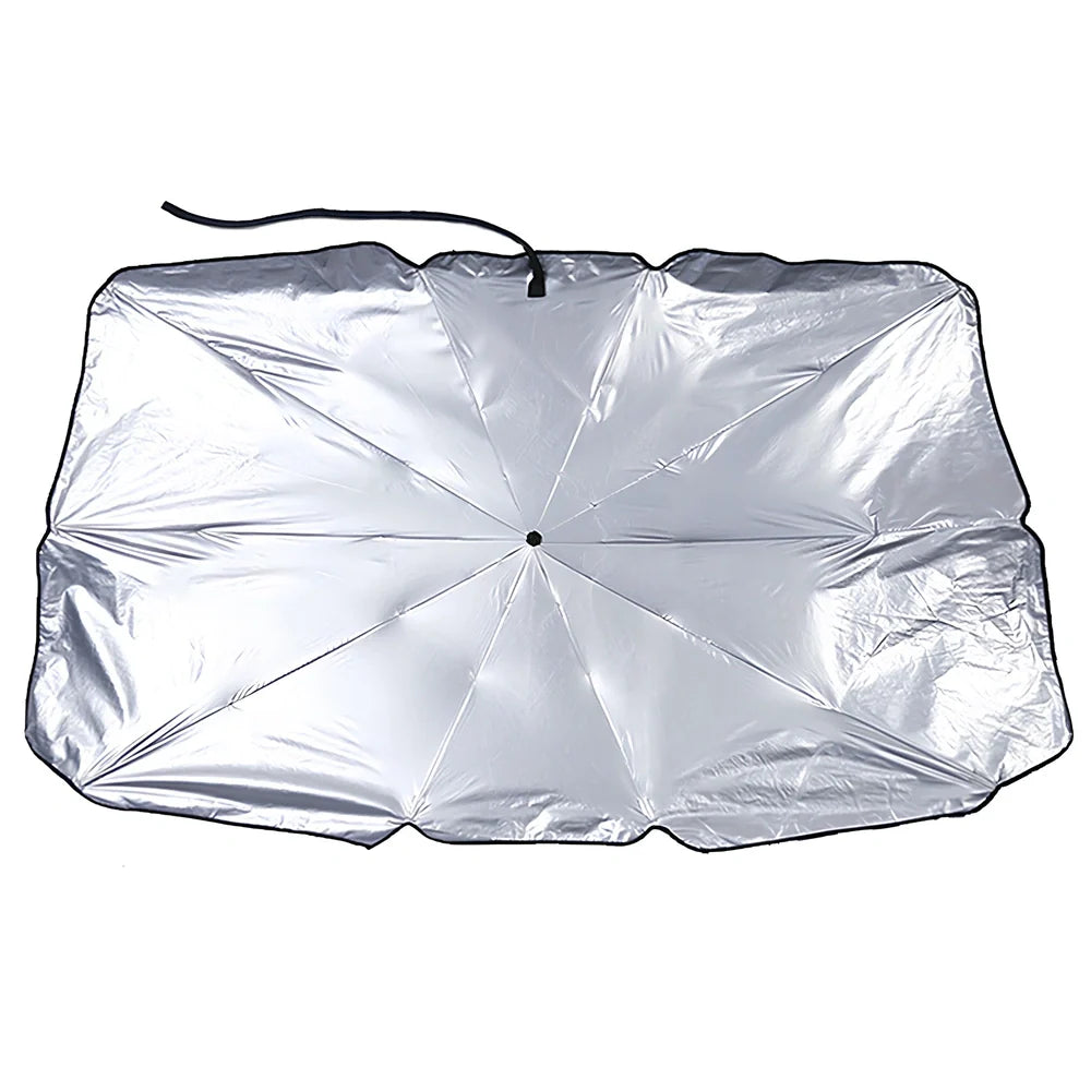 Foldable car windshield sunshade with titanium silver coating and black steel frame in three sizes