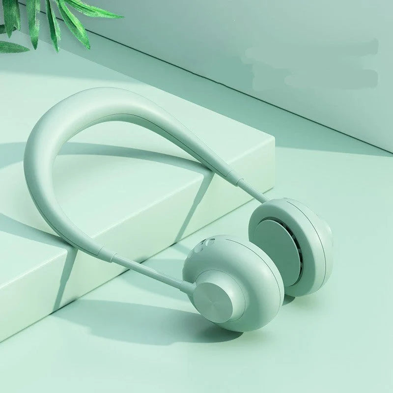 Bladeless neck fan in various colors with USB charging cable