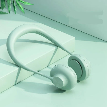 Bladeless neck fan in various colors with USB charging cable