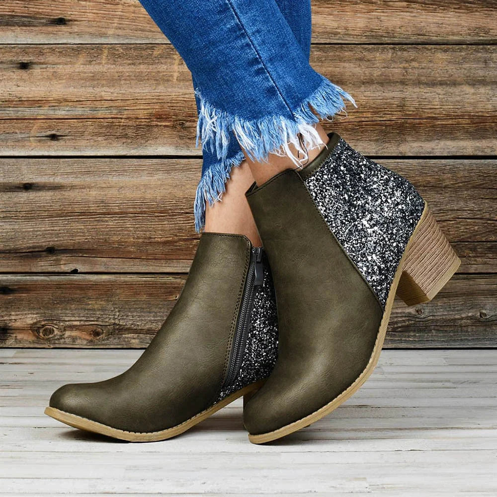 Women's thick heel sequin booties with side zip and square toe in black, khaki, and green