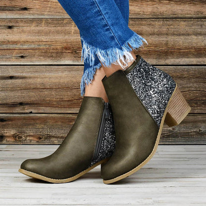 Women's thick heel sequin booties with side zip and square toe in black, khaki, and green