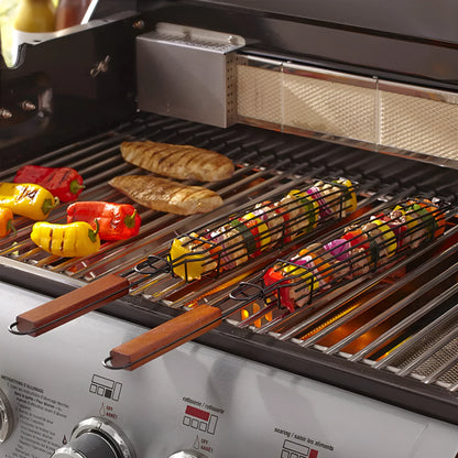 Barbecue basket with rotary lid and long wood handle on a grill, burlywood colour.