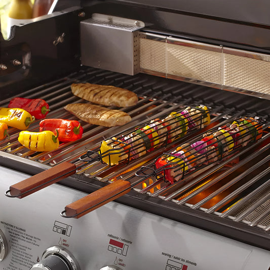 Barbecue basket with rotary lid and long wood handle on a grill, burlywood colour.