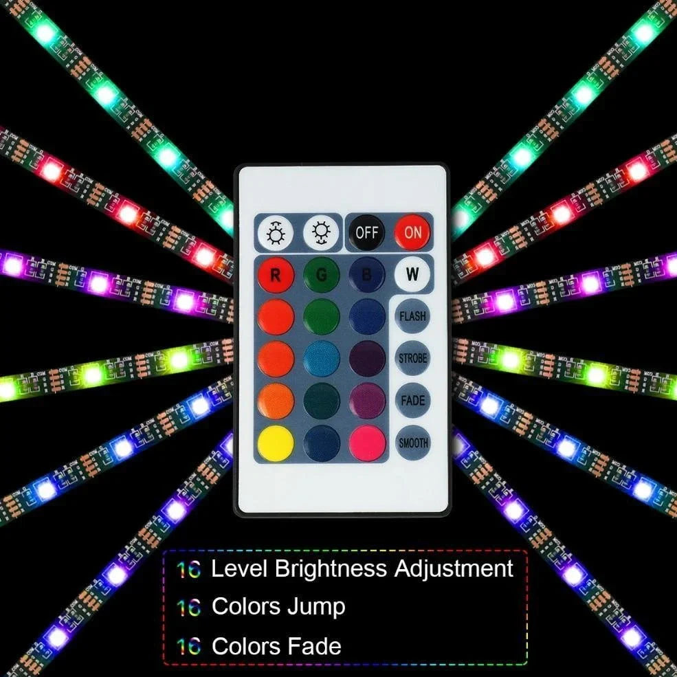 5 metre colour changing LED strip with remote control showing multiple colour options
