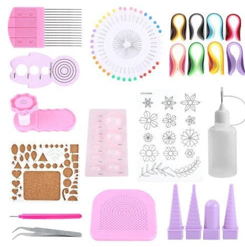 Paper craft kit showing gradient colour paper packs, paper winding disc, wave shaper, and tools in storage box