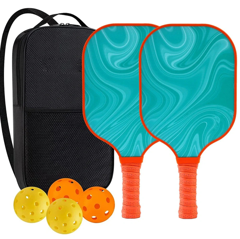 Peak Racket fibreglass squash set showing two rackets and four balls for complete playing equipment