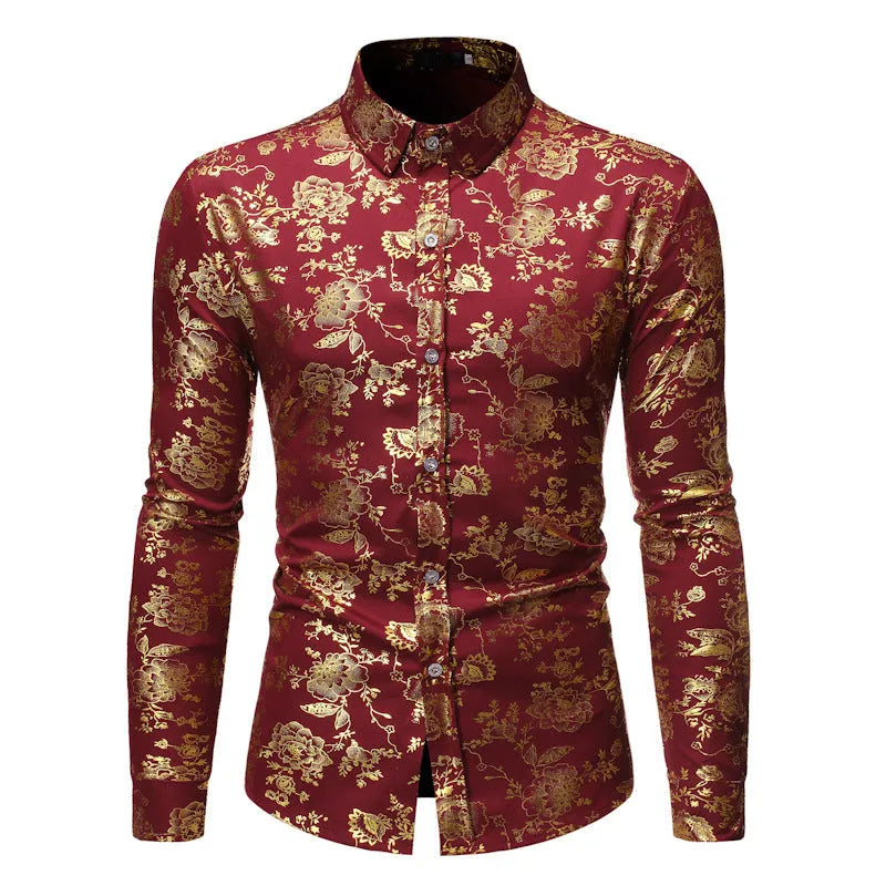 Men's wine red lapel shirt with metal bronzing print on collar, cardigan style with long sleeves