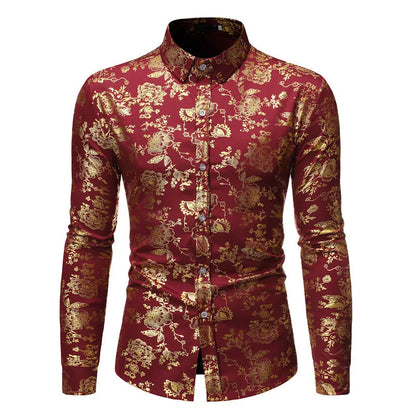 Men's wine red lapel shirt with metal bronzing print on collar, cardigan style with long sleeves