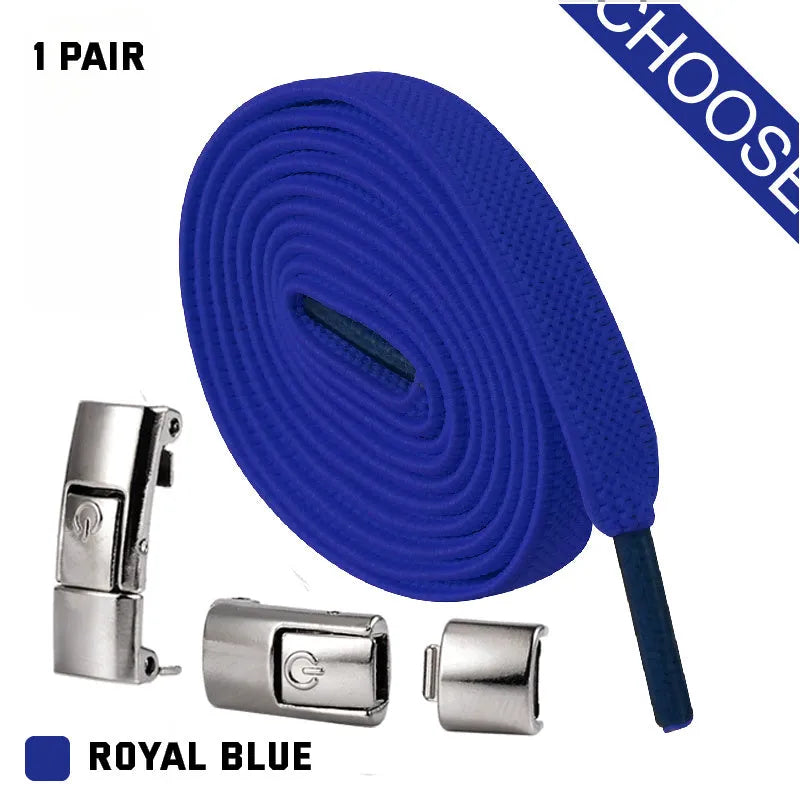 A pair of black widened flat elastic shoelaces with a silver press lock buckle on a white background.