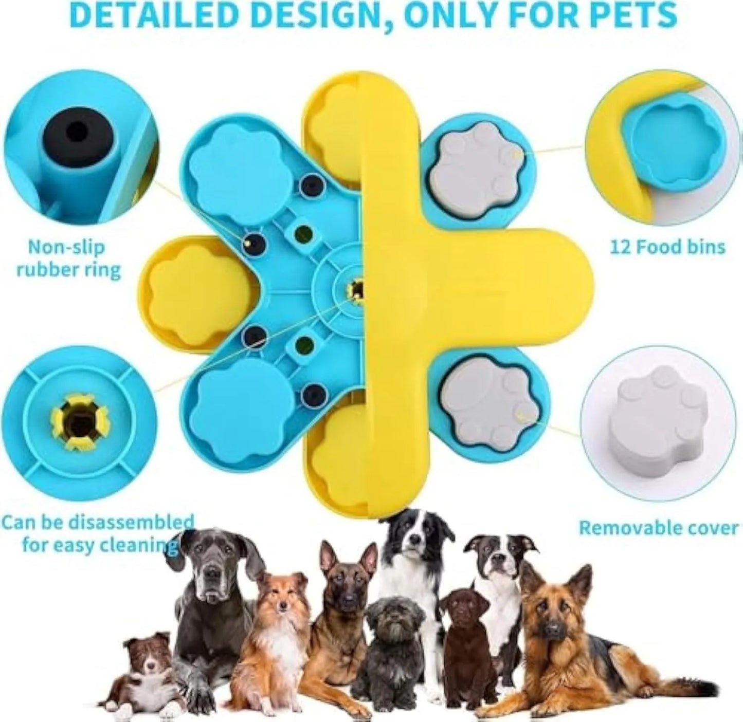 Yellow dog puzzle feeder with rotating lid and non-slip base for slow feeding and IQ training