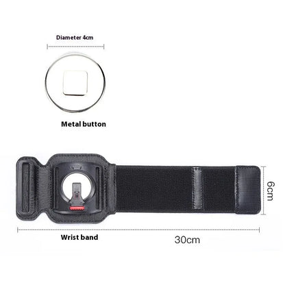 Black ABS PC mobile phone wrist strap holder for 4-7 inch smartphones, shown on a wrist for delivery or running.
