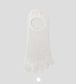 Pair of white five-finger ultra-thin modal boat socks laid flat, showing toe separation and non-slip heel detail.