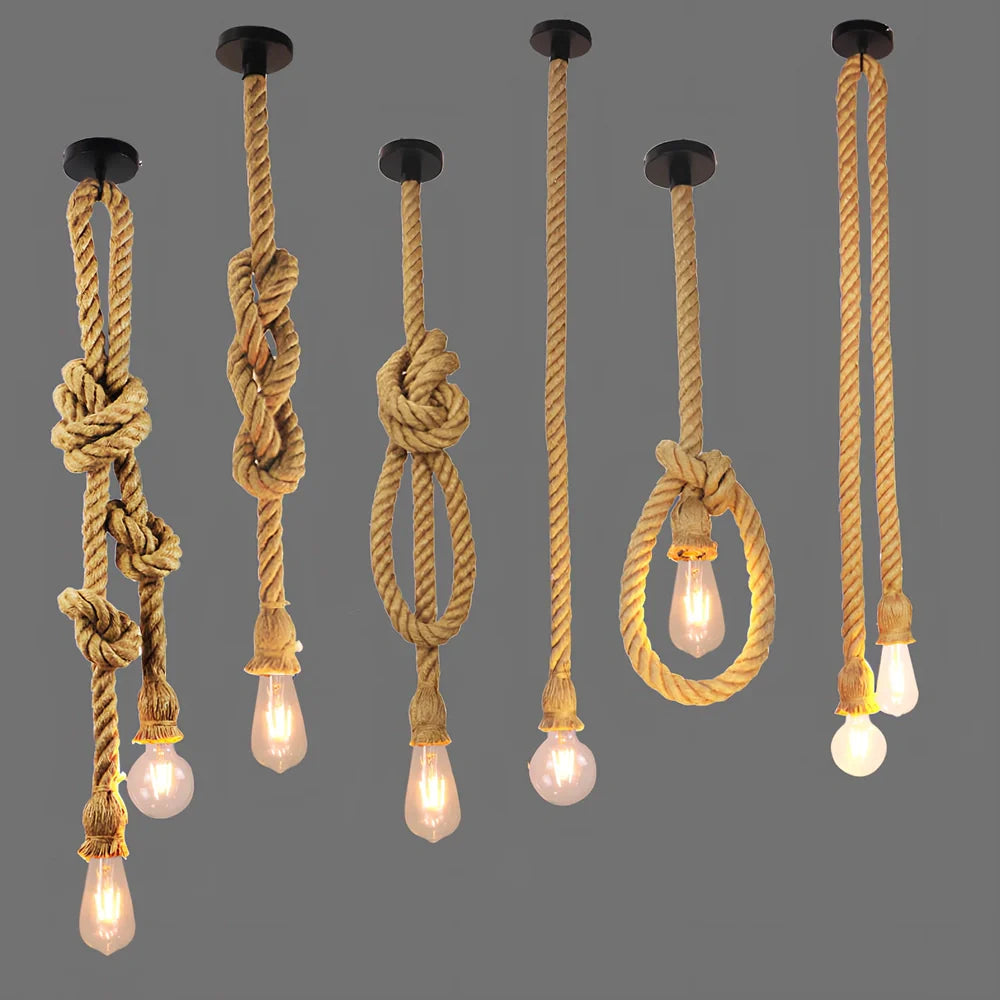Industrial hemp rope chandelier with LED lighting and grass vine construction in retro design