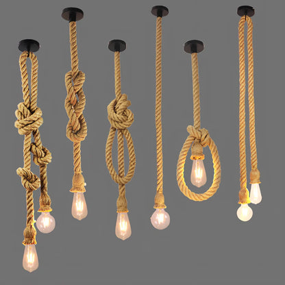 Industrial hemp rope chandelier with LED lighting and grass vine construction in retro design