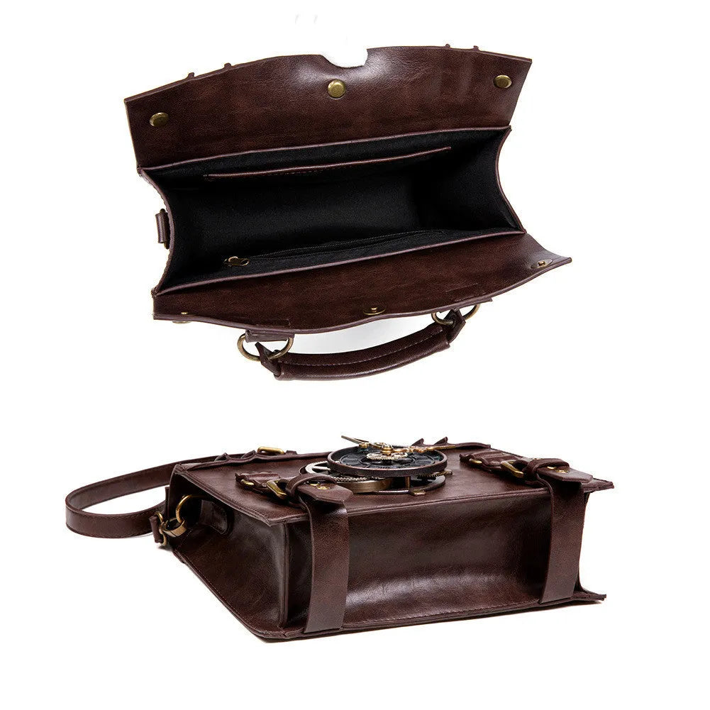 Bronze steampunk industrial retro style PU leather shoulder bag with metal details and a square pillow shape.
