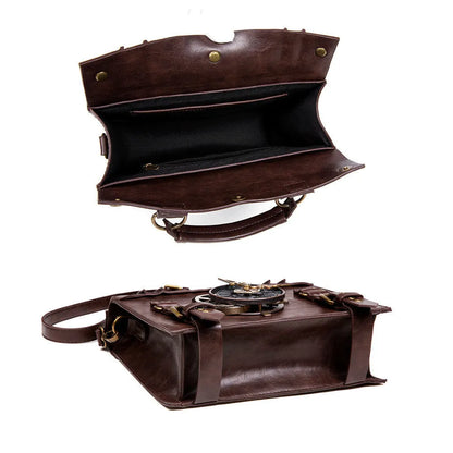 Bronze steampunk industrial retro style PU leather shoulder bag with metal details and a square pillow shape.