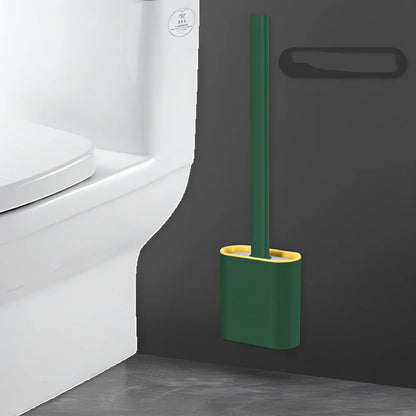 Wall-mounted soft toilet brush with silicone bristles and cover in midnight green colour