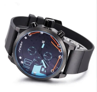 Men's quartz chronograph watch with 50mm stainless steel case, 25mm silicone band, and blue, green, or red colour option