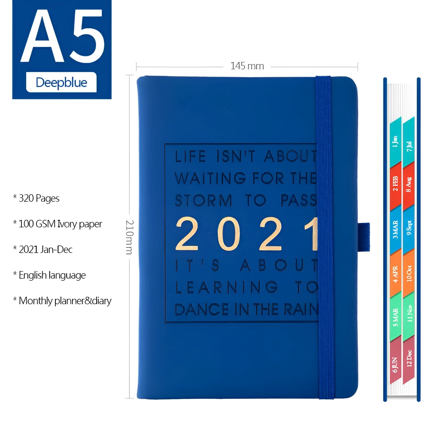 A5 daily planning notebook with imitation leather cover in five colours, open to show calendar and writing pages.