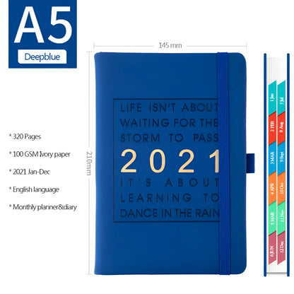 A5 daily planning notebook with imitation leather cover in five colours, open to show calendar and writing pages.