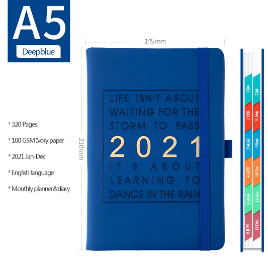 A5 daily planning notebook with imitation leather cover in five colours, open to show calendar and writing pages.