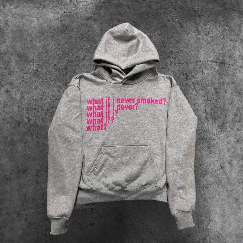 Black hooded pullover sweater with a large letter print on the front, shown on a model.