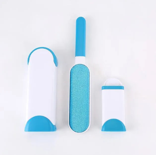 Blue reusable pet hair removal comb with sticky brush and self-cleaning base for sofas.