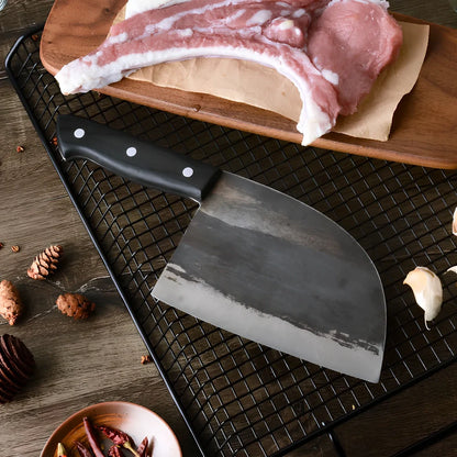 Hand-forged chopping knife with 17cm stainless steel blade and wooden handle