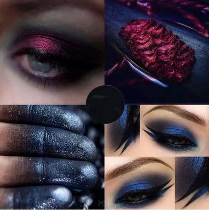 Pearlescent eye shadow powder pot in 12 vibrant colors, showcasing SILVER, BURGUNDY, and more