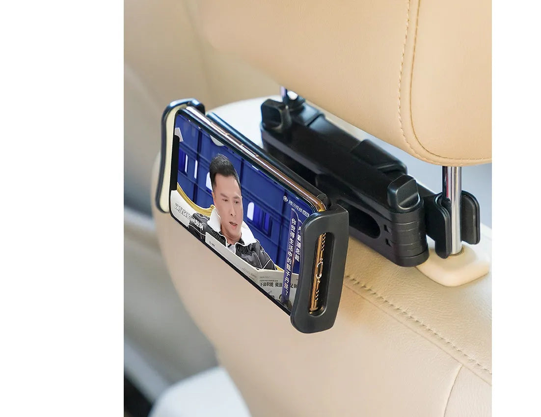 Black car tablet holder mounted on vehicle rear seat base holding iPad