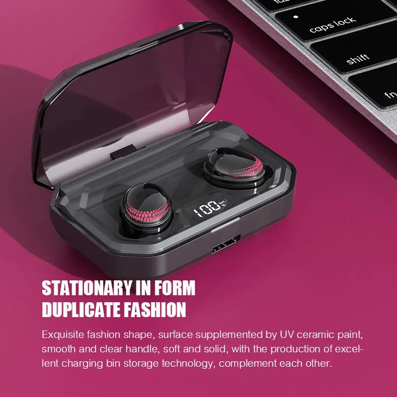Black X10 Bluetooth headset with charging bin, showing compact 150x100x40mm size and lightweight design