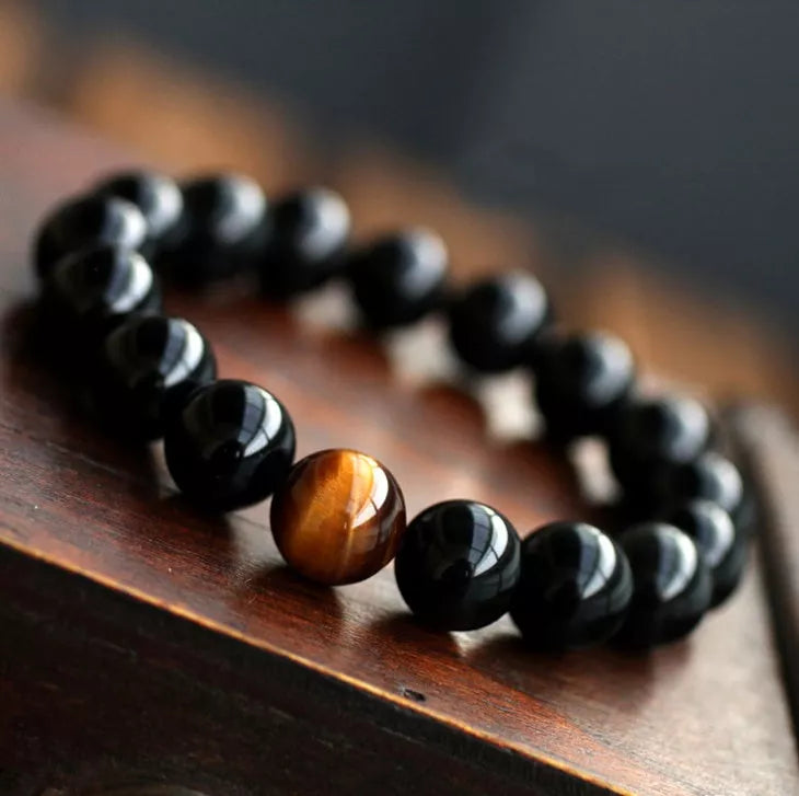 Natural Black Onyx and Tiger Eye Energy Bracelet with elastic rope