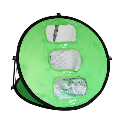 Green portable golf practice net with fibre glass frame unfolded to 57cm x 50cm dimensions