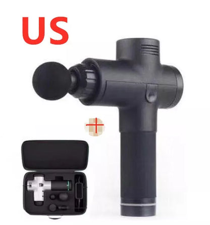 Relax Tissue Deep Muscle Massage Gun with 4 interchangeable heads on a white background