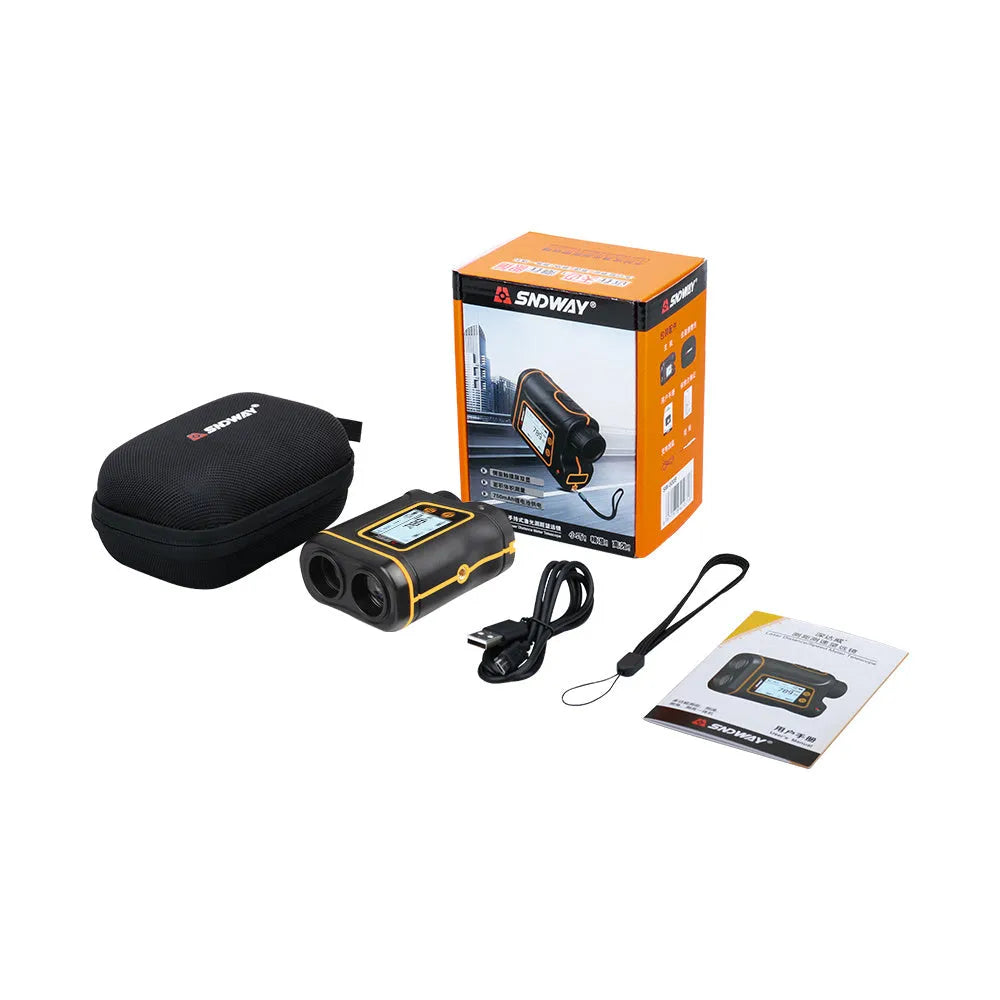 Outdoor handheld golf rangefinder with 1500m range, compact design, and display showing distance measurement