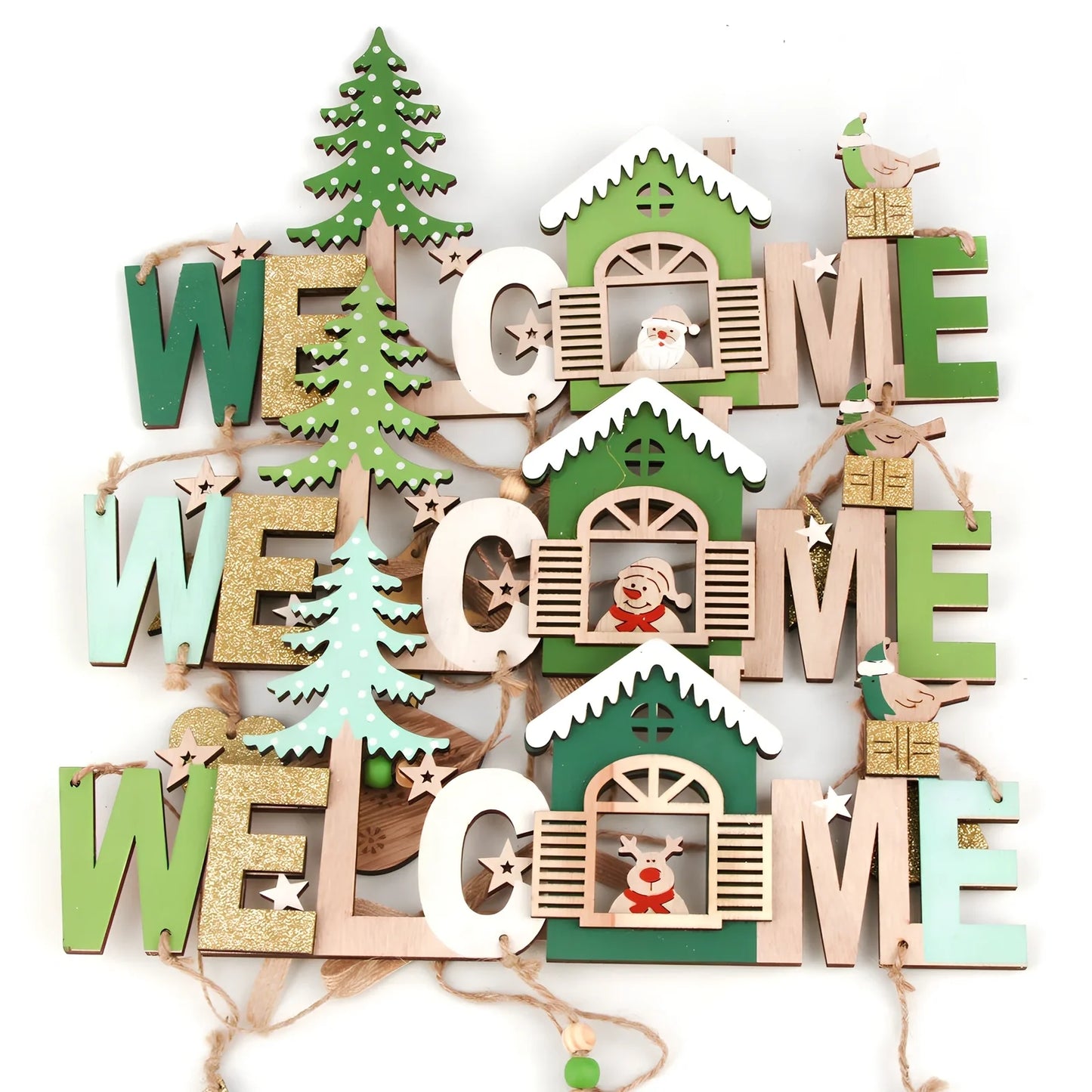 Wooden Christmas ornaments showing old man, snowman and elk designs with 43cm length